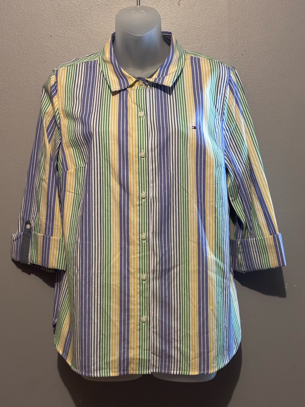 Tommy Hilfiger Striped Button Front Roll Tab Sleeve Blouse